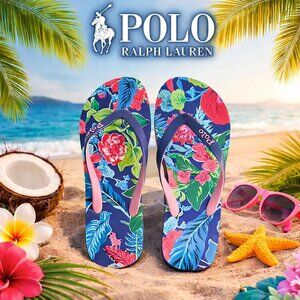 Polo Ralph Lauren Mens SZ 13 Tropical Floral Flip Flops Blue Summer Beach Sandal